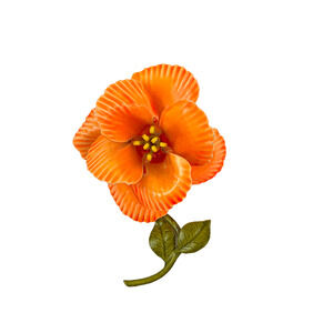 Vintage 60s Orange Enamel Flower Brooch Pin Textured Petals Green Leaf